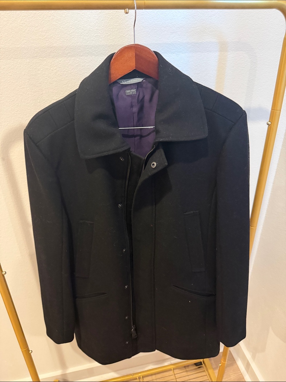 Armani Exchange Black Pea Coat with Purple Lining